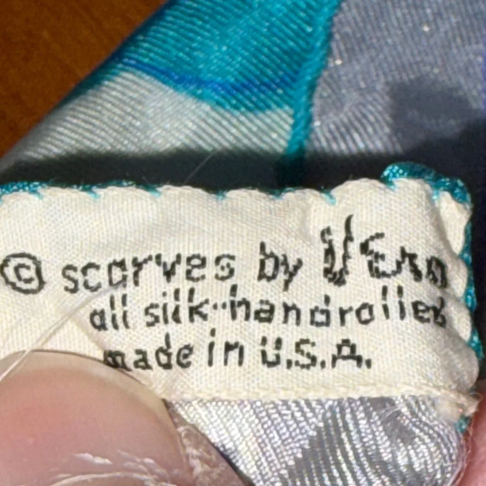 Vintage Vera Neumann Silk Scarf Blue Mod Floral Geometric Signed Hand Rolled